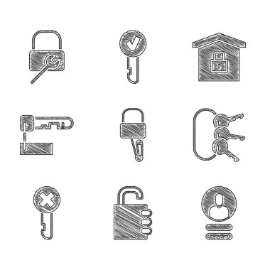 Kilit açma için maymuncukları ayarlayın, güvenli kombinasyon, hesap ekranı oluşturun, anahtar demeti, Yanlış, İşaretli, Ev koruma altında ve onarım simgesi. Vektör
