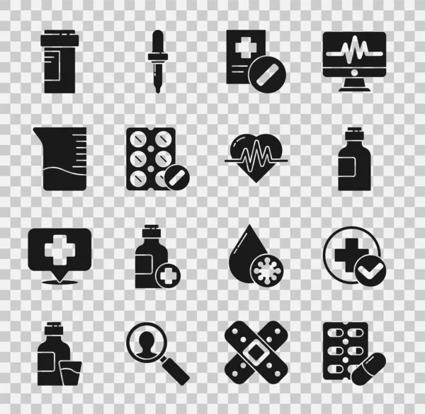 Set Pills in blister pack, Cross hospital medical, Bottle of medicine syrup, Medical prescription, Measuring cup, Medicine bottle and Heart rate icon. Vector — Vetor de Stock