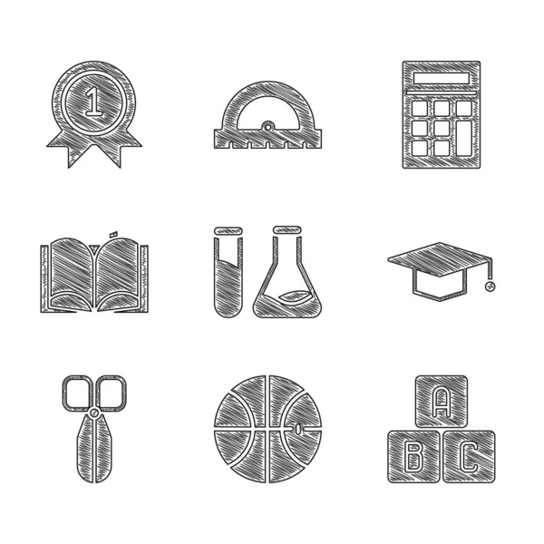 Test tüpü, matara, basketbol topu, ABC blokları, mezuniyet şapkası, makas, açık kitap, hesap makinesi ve madalya ikonu. Vektör