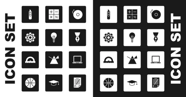 Set Timbre campana de alarma, Bombilla de luz con concepto de idea, Átomo, Cuchillo de papelería, Pluma estilográfica, Calculadora, Ordenador portátil y el icono del transportador. Vector — Vector de stock