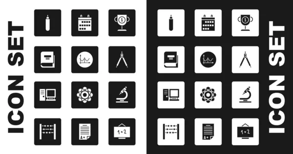 Set Award cup, Graph, schedule, chart, diagram, Book, Marker pen, Drawing compass, Calendar, Microscope and Computer monitor icon. Vector — ストックベクタ