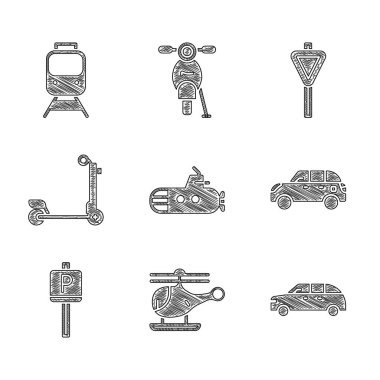 Denizaltı, helikopter, Hatchback arabası, park yeri, Scooter, trafik levhası, tren ve tren ikonu. Vektör