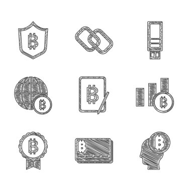 Tablet, kredi kartı, Bitcoin, Pie grafik bilgileri, Globe, USB flash disk ve Shield simgesiyle madencilik bitcoin 'ini ayarlayın. Vektör