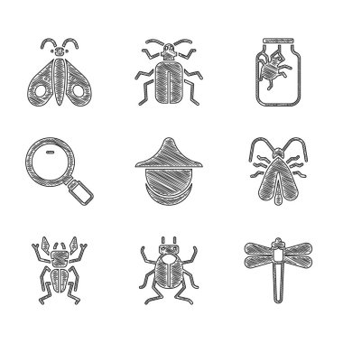 Beekeeper şapkası, böcek, yusufçuk, güve, geyik, büyüteç, örümcek kavanozu ve kelebek ikonu. Vektör