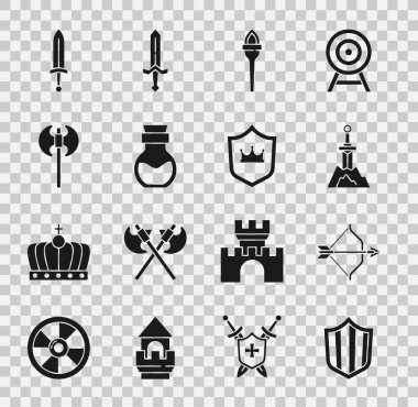 Kalkan, Ortaçağ yayı ve oku, Taştaki Kılıç, Meşale alevi, Zehirli şişe, balta, kılıç ve taç ikonu. Vektör
