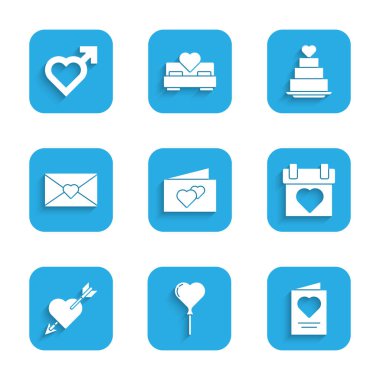 Tebrik kartı, balon kalp formu, takvim, ok ve amour, Zarf Sevgilisi, Düğün pastası ve Yürek erkek cinsiyet ikonu. Vektör