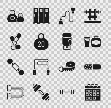 Takvim uygunluğunu, vitamin hapını, spor beslenmesini, göğüs genişleticiyi, kettlebell 'i ve boks eldiveni ikonunu ayarla. Vektör