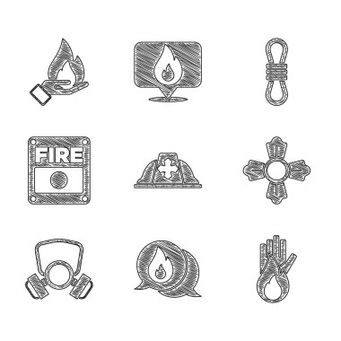 İtfaiyeci kaskı, telefon 911 'i arayın yangın yok, gaz maskesi yok, alarm sistemi, tırmanma ipi ve el kaldırma ikonu. Vektör