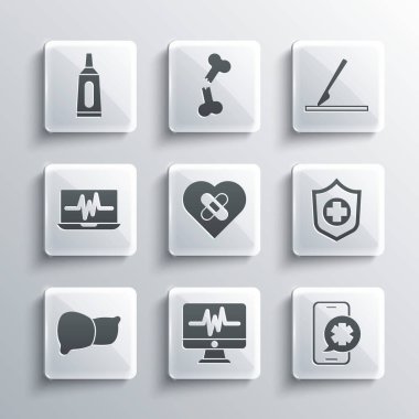 Monitörü kardiyograma ayarla, acil telefon çağrısı, hayat sigortası, iyileşmiş kalp, insan organı karaciğeri, dizüstü bilgisayar, merhem kremi ilacı ve tıbbi cerrahi neşter ikonu. Vektör
