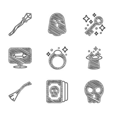 Sihirli taş yüzük, Tarot kartları, Kafatası, şapka, cadı süpürgesi, eski sihirli anahtar ve asa simgesi. Vektör