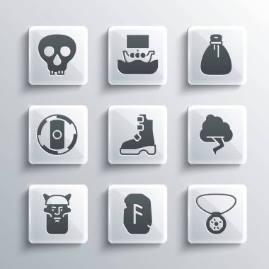 Sihirli mühür, değerli taşlı kolye, bulut ve şimşek, Eski Viking çizmeleri, Viking kafası, Kalkan, Kafatası ve eski para çantası ikonu. Vektör