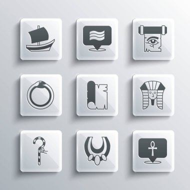 Mısır gerdanlığı, Haç Ankh, firavun, Papirüs parşömeni, Sahtekar, Ouroboros 'un sihirli sembolü, papirüs simgesi üzerinde gemi ve Göz Horus. Vektör