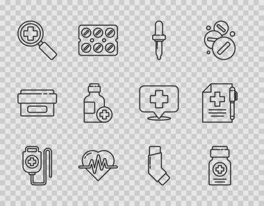 Serum torbası, ilaç şişesi, Pipette, kalp atış hızı, arama için büyüteç, ilaç şurubu şişesi, astım ilacı, reçete ve kalem ikonu. Vektör