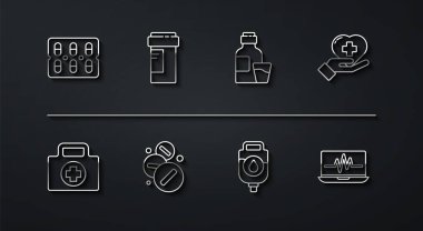 Hat haplarını su toplayan pakete, ilk yardım çantasına, haçlı kalbe, serum torbasına, ilaç hapına ya da tablete, şişeye, dizüstü bilgisayara, kardiyograma ve ilaç şurubu şişesine koyun. Vektör