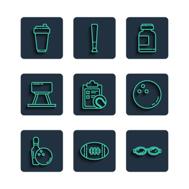 Set çizgisi bovling topu, Amerikan futbolu, yüzme gözlüğü, spor beslenme, pano tenisi, kulplu beygir, fitness sallayıcısı ve ikon. Vektör