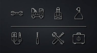 Hat anahtarı, uzaktan kumandalı araba anahtarı, vites kolu, tornavida ve anahtar, çekici, araç kutusu ve tamirci ikonu. Vektör