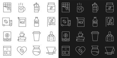 V60 kahve makinesi, barista, sokak tabelası, French press, süt için kağıt paketi, kahve kamyonu makinesi, çikolata çubuğu ve ikonlu şişe. Vektör