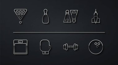 Sıralı bilardo topları üçgen, banyo pulları, Dart oku, Dumbbell, boks eldiveni, bovling broşu ve yüzme ikonu için lastik yüzgeçler. Vektör