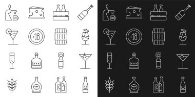 Çizgi bira şişesi, martini bardağı, kokteyl, bira şişesi, alkol 18 'den fazla, hafifçe vur ve tahta fıçı ikonu. Vektör