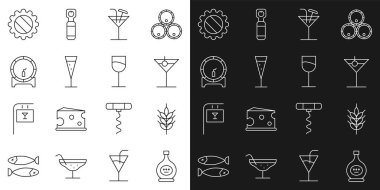 Bir şişe konyak ya da brendi, Hop, Martini bardağı, Kokteyl, Cam Şampanya, Rafta tahta fıçı, şapka ve şarap ikonu. Vektör