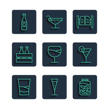 Düz çizgi, votka, şampanya kavanozda salatalık turşusu, salon kapısı, şarap bardağı, bira şişeleri, bira ve martini ikonu. Vektör