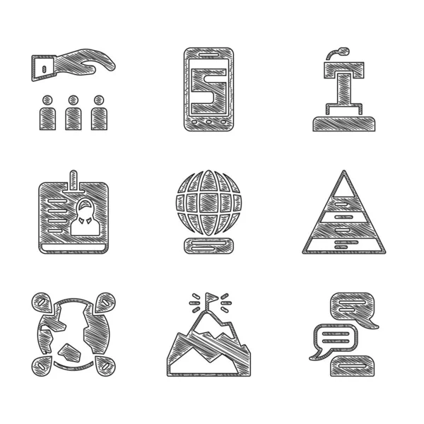 Set Worldwide, Mountains with flag, Speech bubble chat, Pyramid chart infographics, Location on the globe, Identification badge, Stage stand tribune and Boss employee icon. Vector — Vetor de Stock