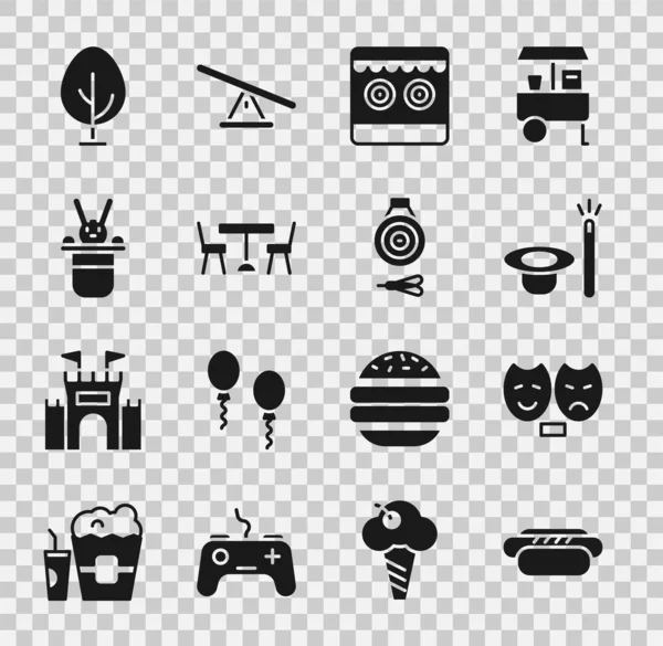 Set Hotdog, Comedy and tragedy masks, Magic hat wand, Shooting gallery, Picnic table with chairs, Magician rabbit, Tree and Classic dart board arrow icon. Vector — стоковый вектор