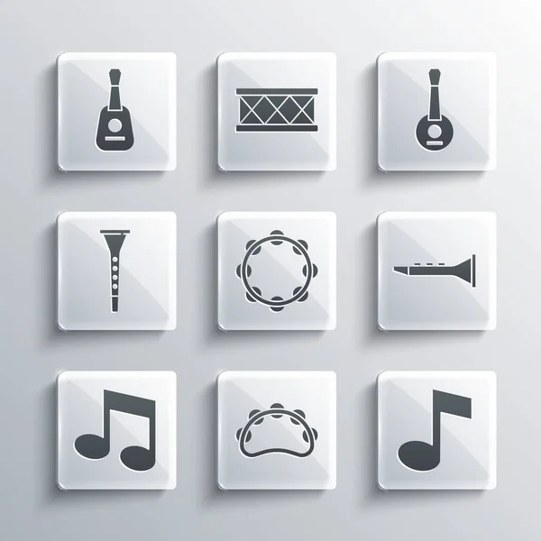 Ställ in Tambourine, Musik not, ton, Clarinet, Gitarr och Banjo ikon. Vektor — Stock vektor