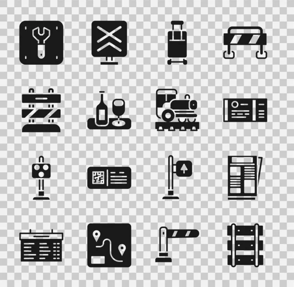 Set Railway, railroad track, News, Train ticket, Suitcase, Wine bottle with glass, End of railway tracks, Repair and Vintage locomotive icon. Vector — стоковый вектор