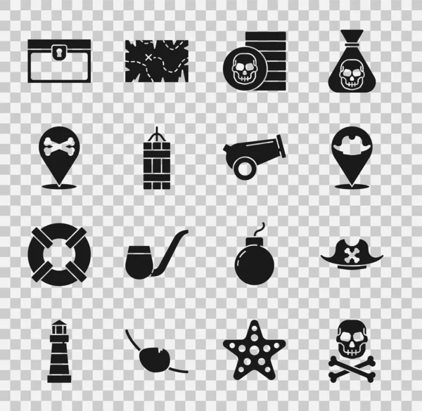 Set Skull on crossbones, Pirate hat, Location pirate, coin, Dynamite bomb, Antique treasure chest and Cannon icon. Vector — стоковый вектор