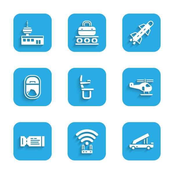 Set Airplane seat, Router and wi-fi signal, Passenger ladder, Helicopter, Airline ticket, window, Rocket and Airport control tower icon. Vector