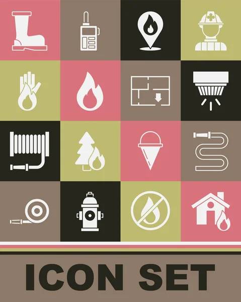 Set Fire in burning house, hose reel, Smoke alarm system, Location with fire flame, No, boots and Evacuation plan icon. Vector — Vettoriale Stock