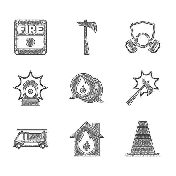 911 'i arayın, yanan evde yangın, trafik konisi, itfaiyeci baltası, kamyon, flasher sireni, gaz maskesi ve alarm sistemi ikonu. Vektör