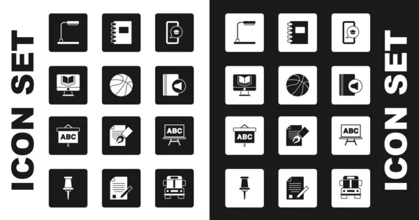 Set Graduation cap on mobile, Basketball ball, Online class, Table lamp, Audio book, Spiral notebook, Chalkboard and icon. Vector — Vector de stock