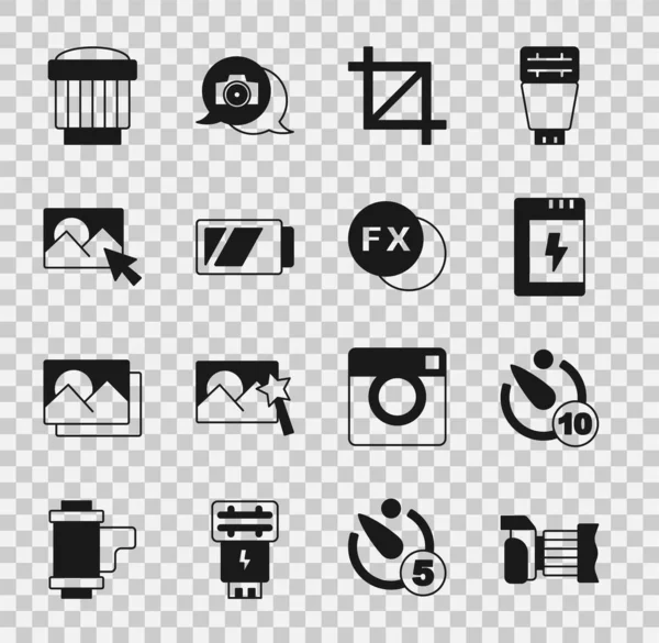 采购产品摄影相机,相机定时器,电池,图像作物照片,修整,镜头和fx图标.B.病媒 — 图库矢量图片
