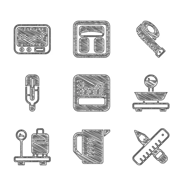 Set Graph, schedule, chart, diagram, Measuring cup, Crossed ruler and pencil, Scales, with suitcase, Medical thermometer, tape and instrument icon. Vector — стоковый вектор