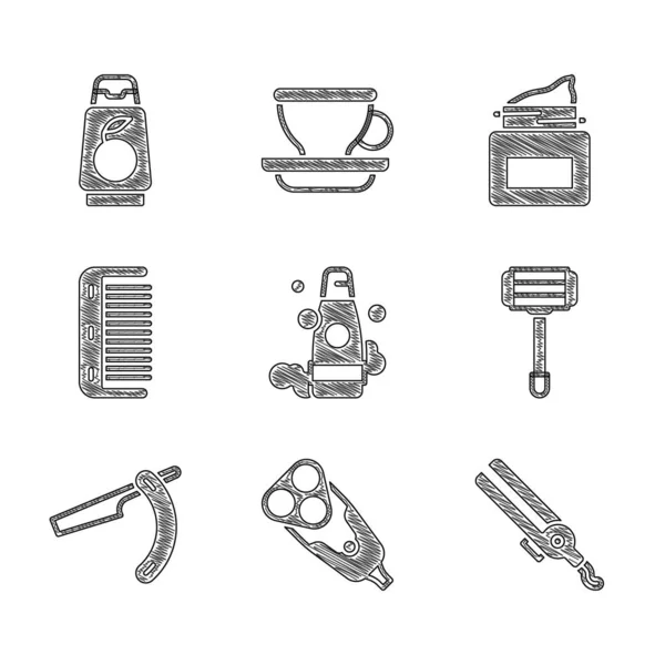 Állítsa palack sampon, Elektromos borotvapenge, Hajsütővas, Borotválkozás, Egyenes, Hajkefe, Krémes kozmetikai üveg és ikon. Vektor — Stock Vector