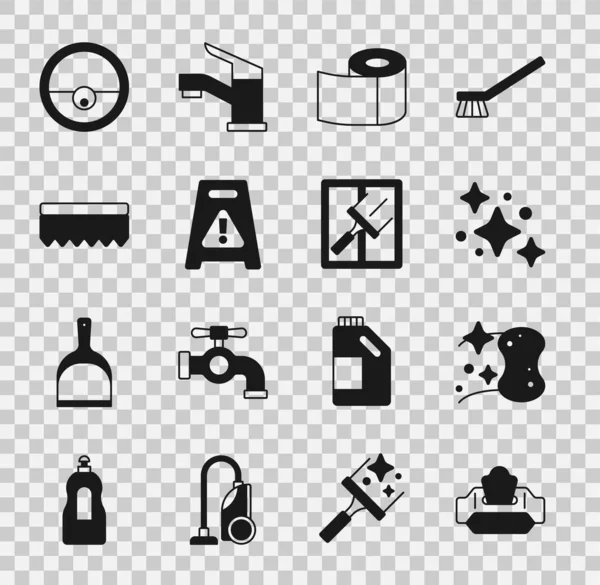 Set Wet wipe pack, Sponge, Home cleaning service, Toilet paper roll, floor, Robot vacuum cleaner and Rubber for windows icon. Vector — Vetor de Stock