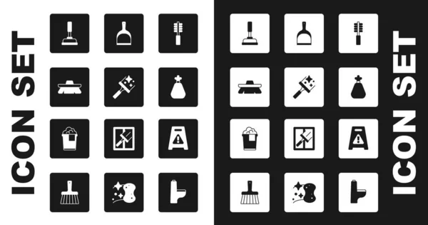 Set Toilet brush, Rubber cleaner for windows, Brush cleaning, plunger, Garbage bag, Dustpan, Wet floor and Bucket with foam icon. Vector — Vector de stock