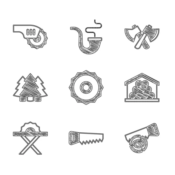 Set ircular saw blade, Hand, log, Wooden logs, Electric circular, Christmas tree, axe and icon. Vector — Vetor de Stock