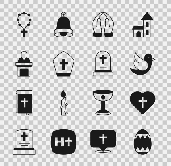 Set Easter egg, Christian cross in heart, Dove, Hands praying position, Pope hat, Church pastor preaching, Rosary beads religion and Grave with tombstone icon. Vector — Stock Vector