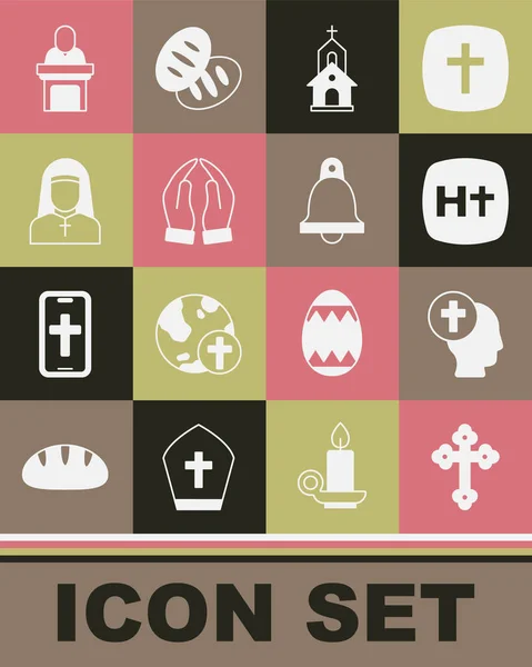 Set Christian cross, Priest, Church building, Hands praying position, Nun, pastor preaching and bell icon. Vector — Image vectorielle