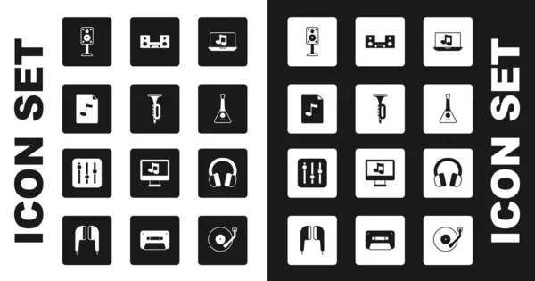 Set Laptop with music, Trumpet, MP3 file document, Stereo speaker, Balalaika, Home stereo two speakers, Headphones and Sound mixer controller icon. Vector — стоковий вектор