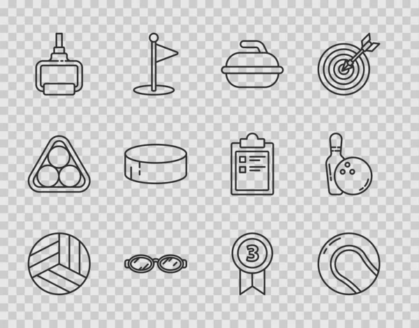 Set line Volleyball ball, Baseball, Stone for curling sport game, Glasses swimming, TPX loop training equipment, Hockey puck, Medal and Bowling pin and icon. Vector — стоковый вектор