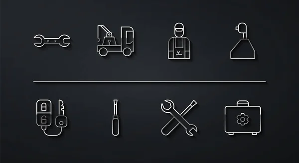 Set line Wrench spanner, Car key with remote, Gear shifter, Screwdriver and wrench, Tow truck, Toolbox and mechanic icon. Vector — ストックベクタ