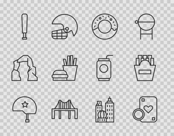 Set line Military helmet, Casino chip and playing cards, Donut, Golden gate bridge, Baseball bat, Burger french fries, City landscape and Potatoes box icon. Vector — Archivo Imágenes Vectoriales