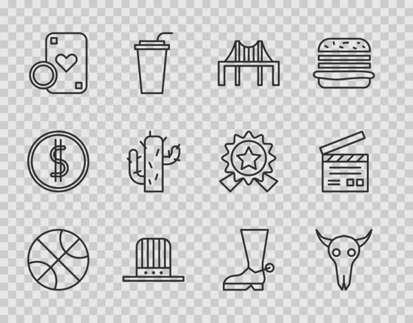 Set line Basketball ball, Buffalo skull, Golden gate bridge, Patriotic American top hat, Casino chip and playing cards, Cactus, Cowboy boot and Movie clapper icon. Vector — стоковый вектор