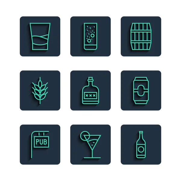 Set line Street signboard s hospodou, Martini sklo, láhev od piva, dřevěný sud, Alkohol nápoj Rum, Hop, sklenice vodky a může ikona. Vektor — Stockový vektor