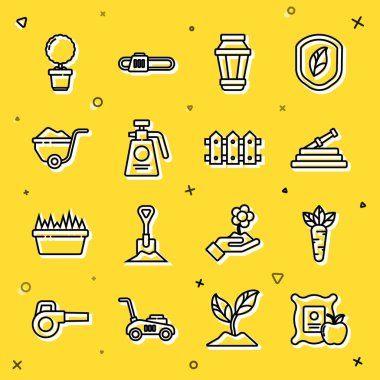 Apple 'ı çuvala koy, Havuç, bahçe hortumu ya da yangın hortumu, lamba, gübre spreyi, toprak dolu el arabası, çiçek saksısı ve çit ahşap ikon. Vektör