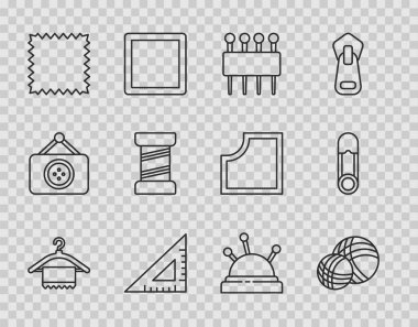 Sıralı elbise dolabı, iplik topu, dikiş iğnesi, üçgen cetvel, deri, dikiş ipliği, yatak ve iğneler ve güvenlik iğnesi simgesi. Vektör